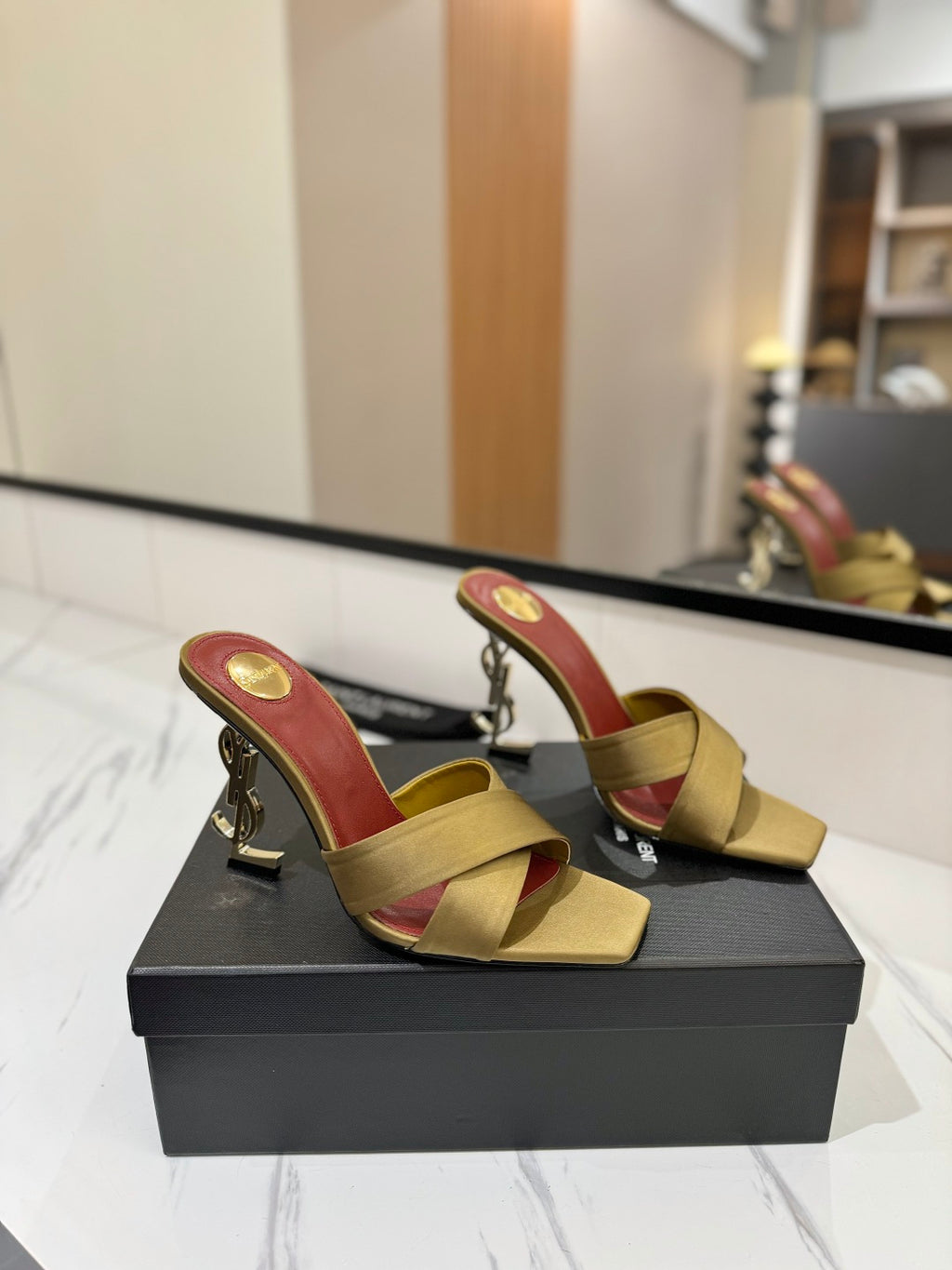 Saint Laurent Gold Monogram Heel Sandals
