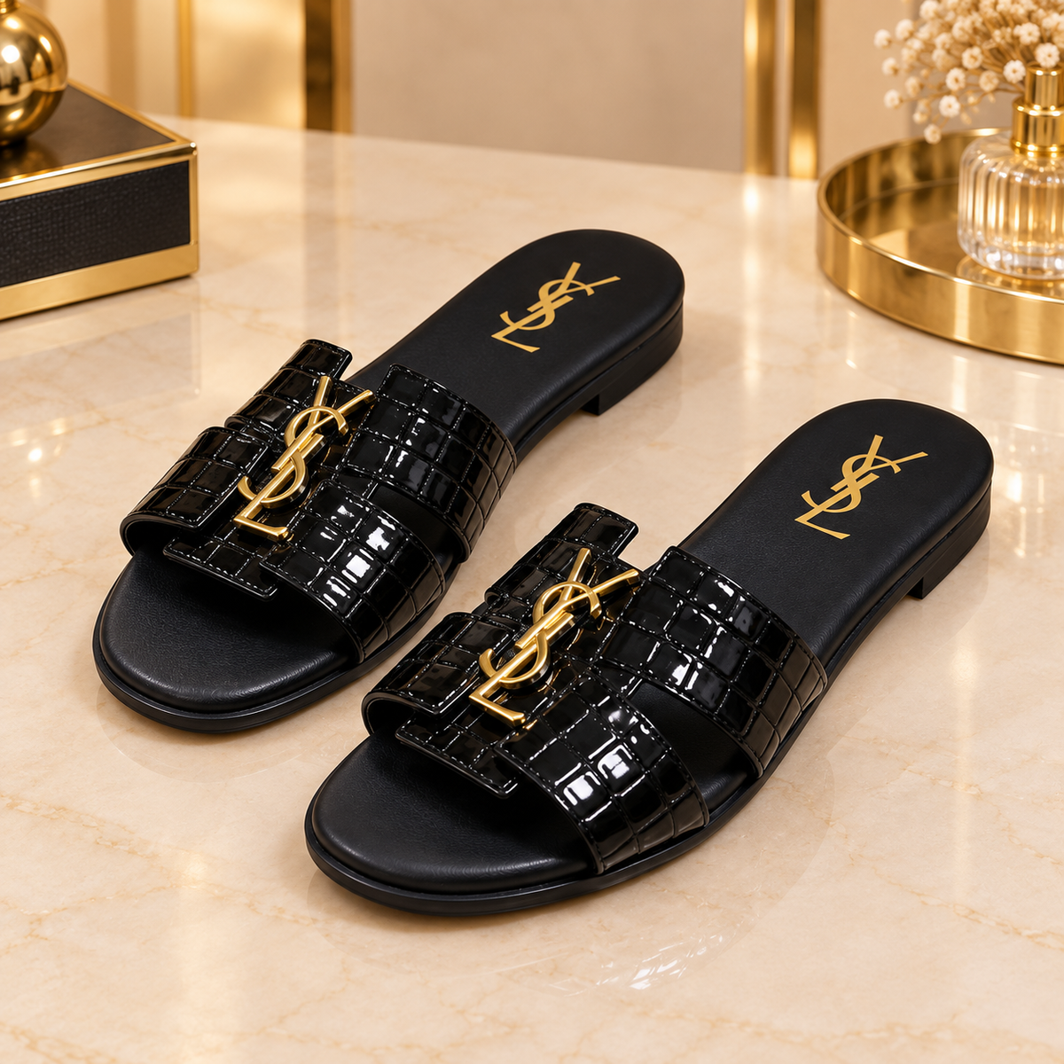 Saint Laurent Croc Embossed Slide Sandals