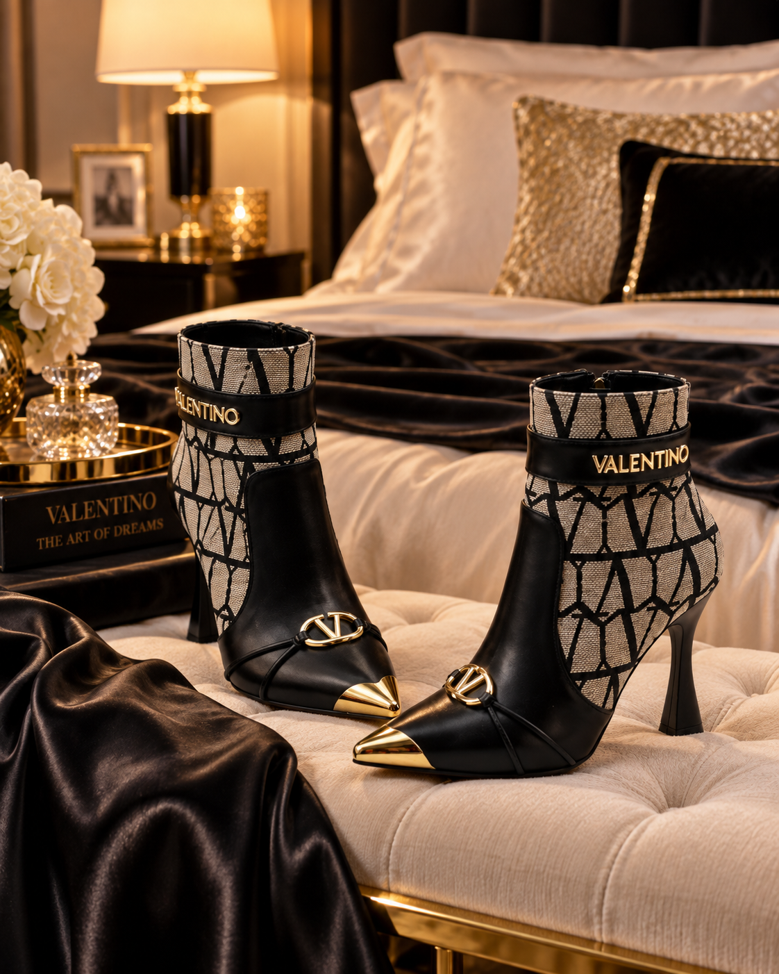 A pair of Valentino pointed-toe ankle boots with black leather and beige geometric monogram pattern, displayed on a tufted bench in a luxury bedroom setting.