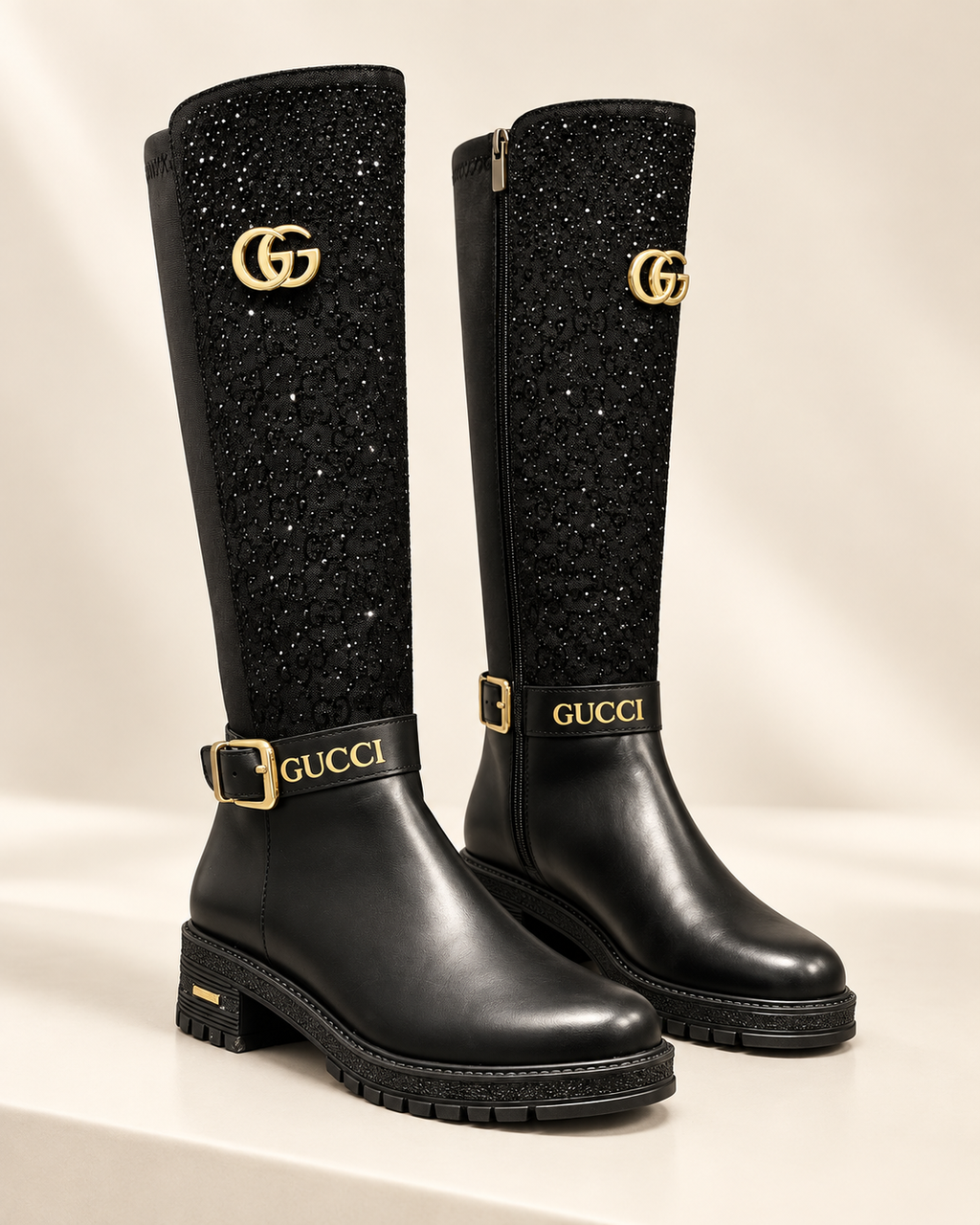 Black Crystal Knee-High Boots