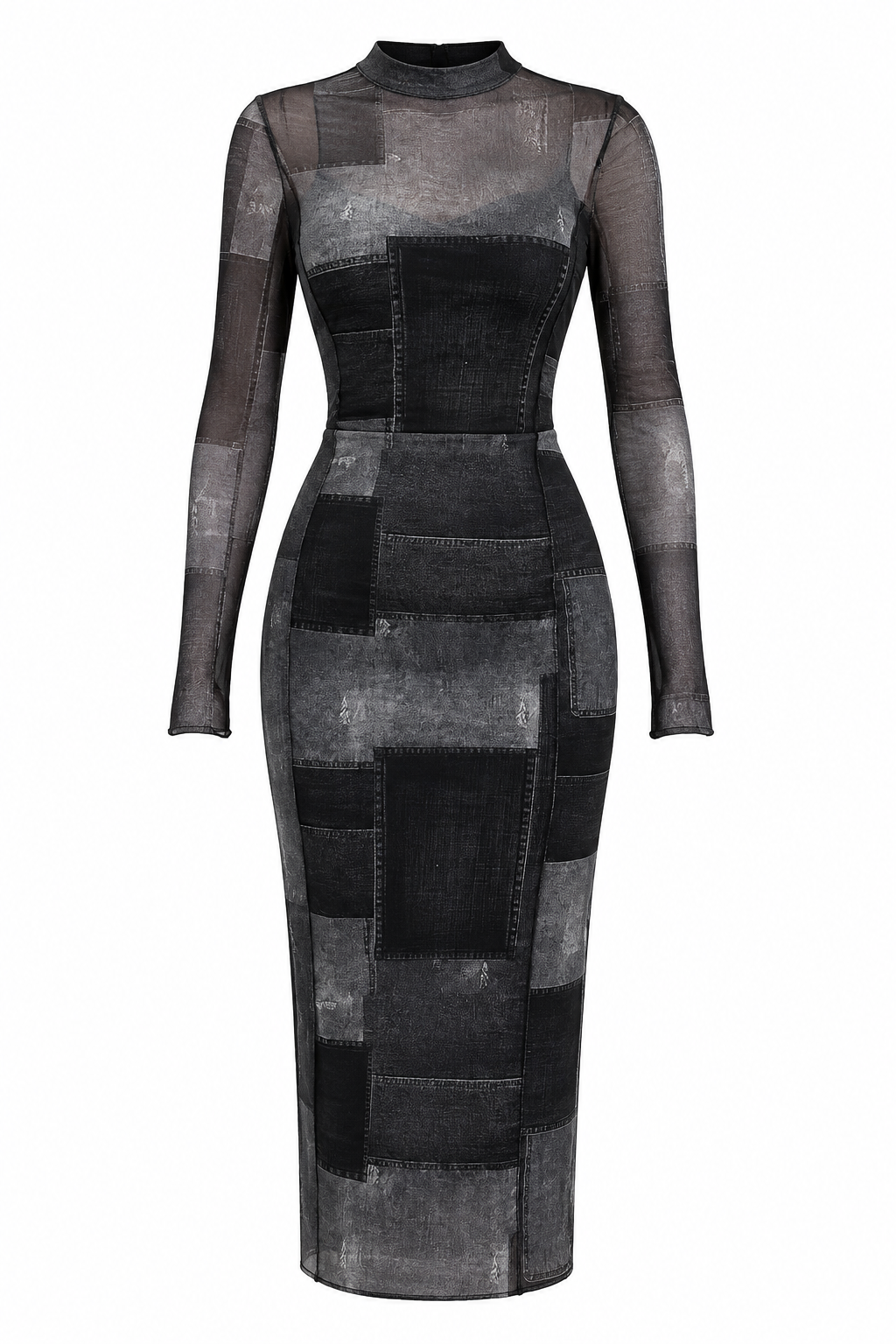 Black Sheer Patchwork Long Sleeve Dress