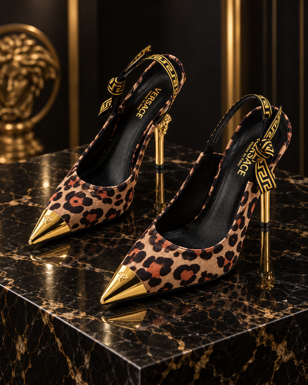 Leopard Print Slingback Heels | Gold Detail