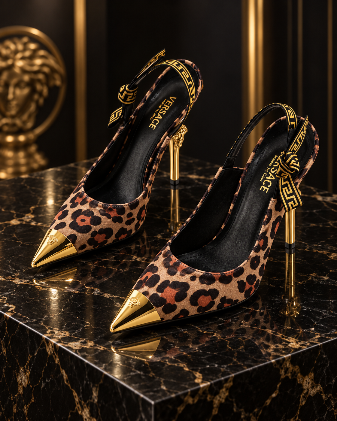 Leopard Print Slingback Heels | Gold Detail