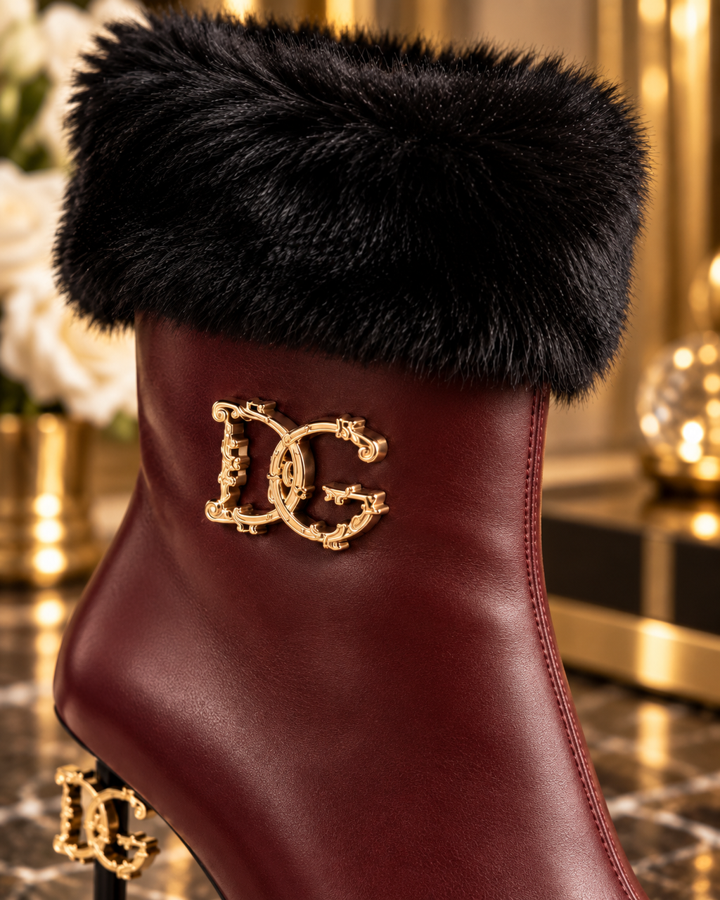 Burgundy Fur Cuff Stiletto Ankle Boots
