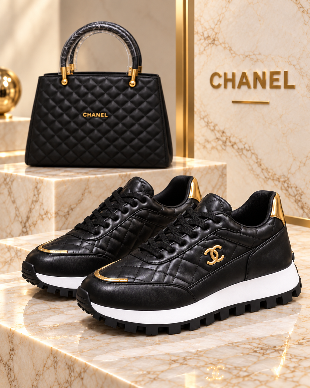 A pair of black Chanel low-top sneakers with quilted and smooth leather panels, gold accents, and white midsoles, displayed on a marble surface next to a matching black quilted Chanel handbag.