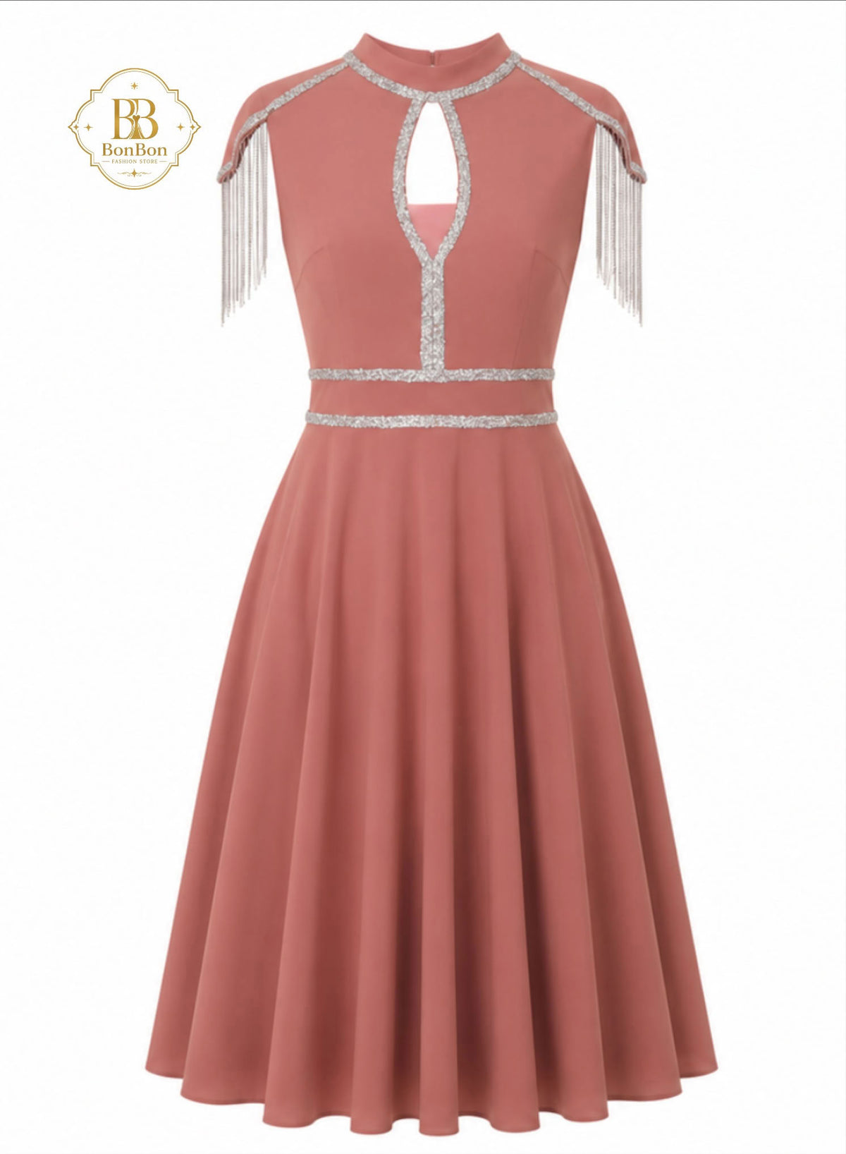 Dusty Rose Rhinestone Fringe Midi Dress