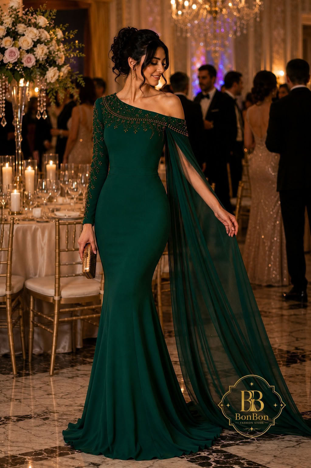 Emerald Green Embellished One Shoulder Gown