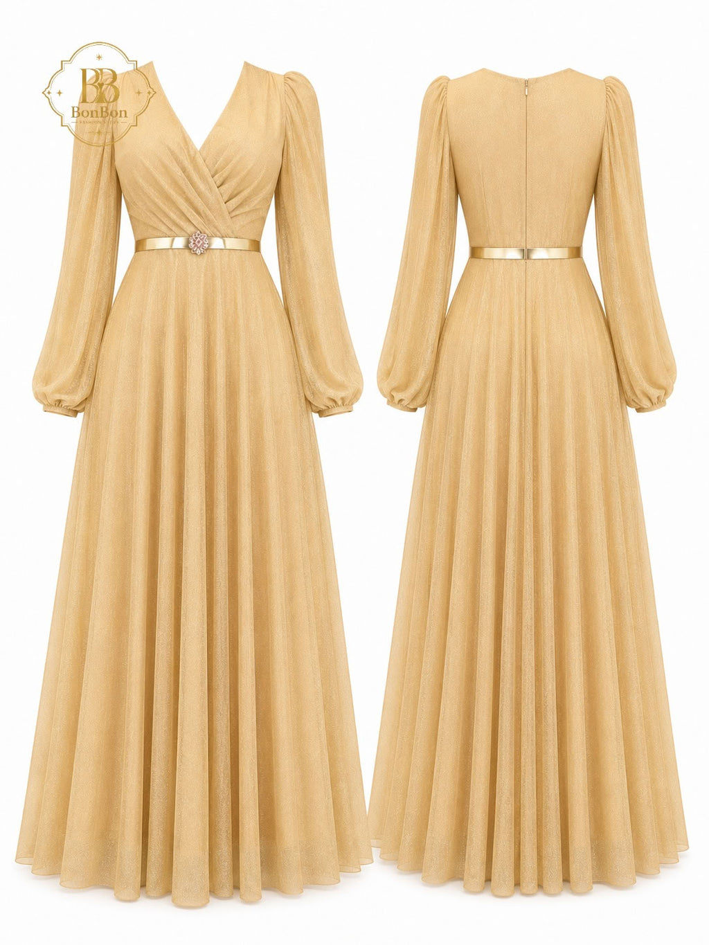 A floor-length champagne gold gown shown from both front and back views. The dress features long balloon sleeves, a V-neckline on the front, and a matching metallic gold belt at the waist.