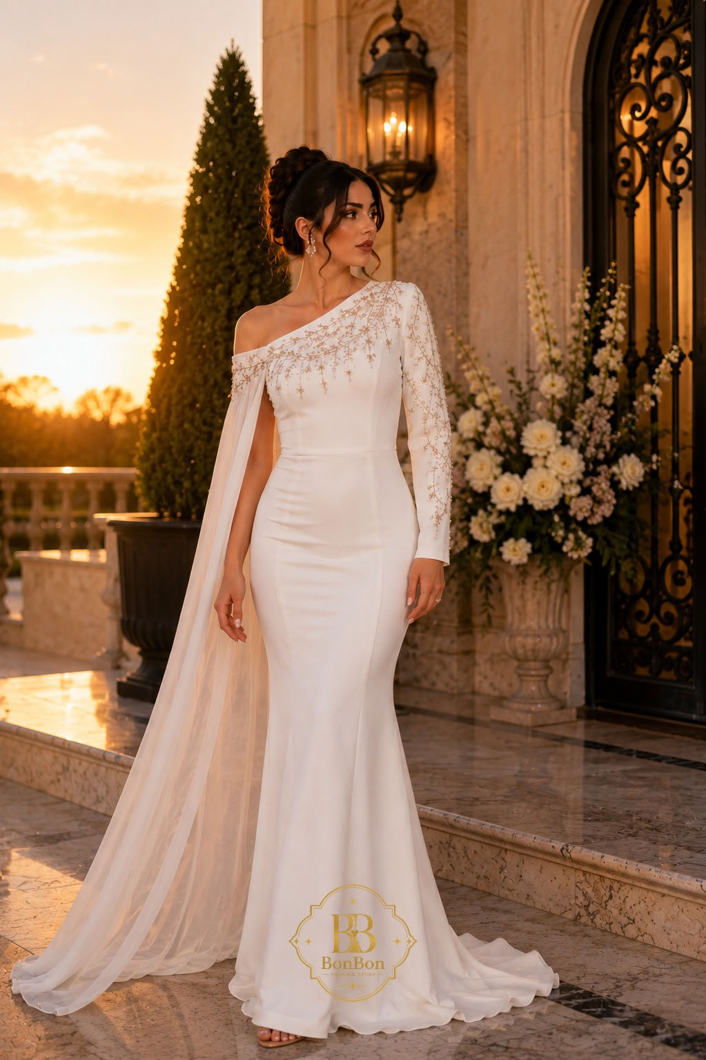 A woman wearing a one-shoulder ivory wedding gown with a long draped cape and lace-embellished bodice, standing outdoors in front of a sunlit stone building with flowers and a gate.