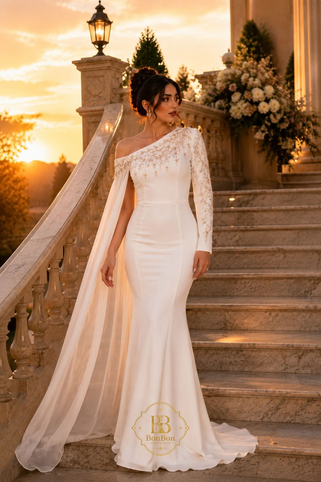 A woman wearing a one-shoulder ivory wedding gown with lace long sleeves and a sheer draped train, standing on stone stairs at sunset. The dress has delicate lace detailing across the bodice and upper sleeve, and a fitted mermaid silhouette with a slight train.