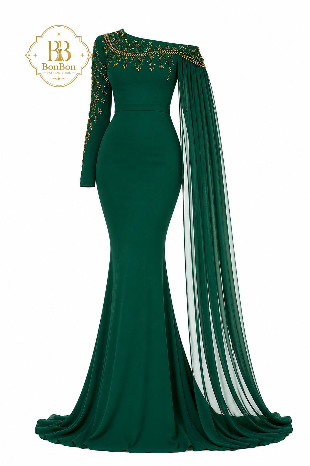 Emerald Green Embellished One Shoulder Gown