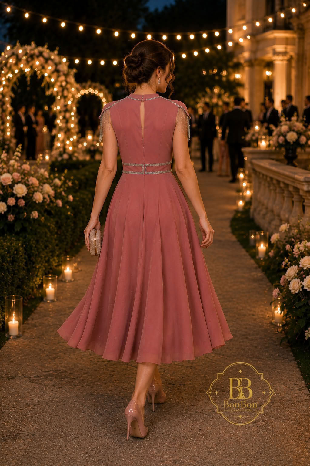 Dusty Rose Rhinestone Fringe Midi Dress