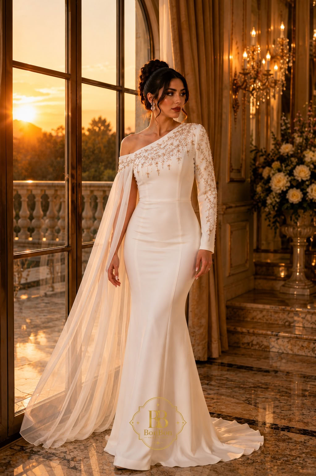 A woman models a one-shoulder ivory wedding gown with a long sheer tulle veil, standing in an elegant room with warm sunset light streaming through large windows.