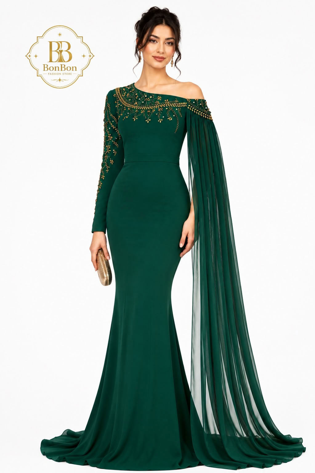Emerald Green Embellished One Shoulder Gown