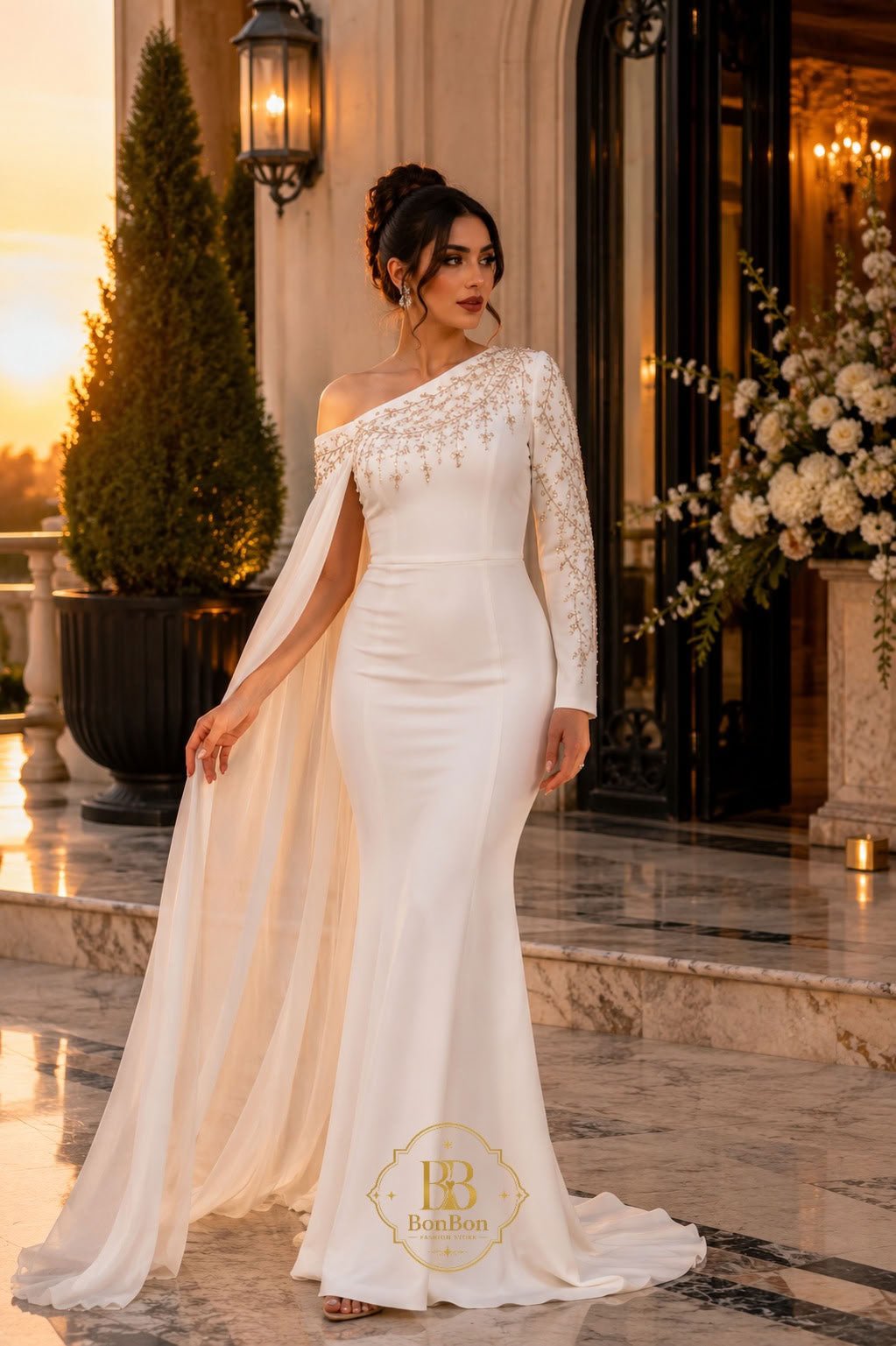 A woman models a one-shoulder off-white wedding gown with a long lace-embellished sleeve, a draped cape overlay, and a floor-length train in an elegant outdoor courtyard setting.