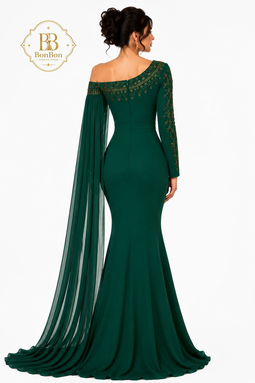 Emerald Green Embellished One Shoulder Gown