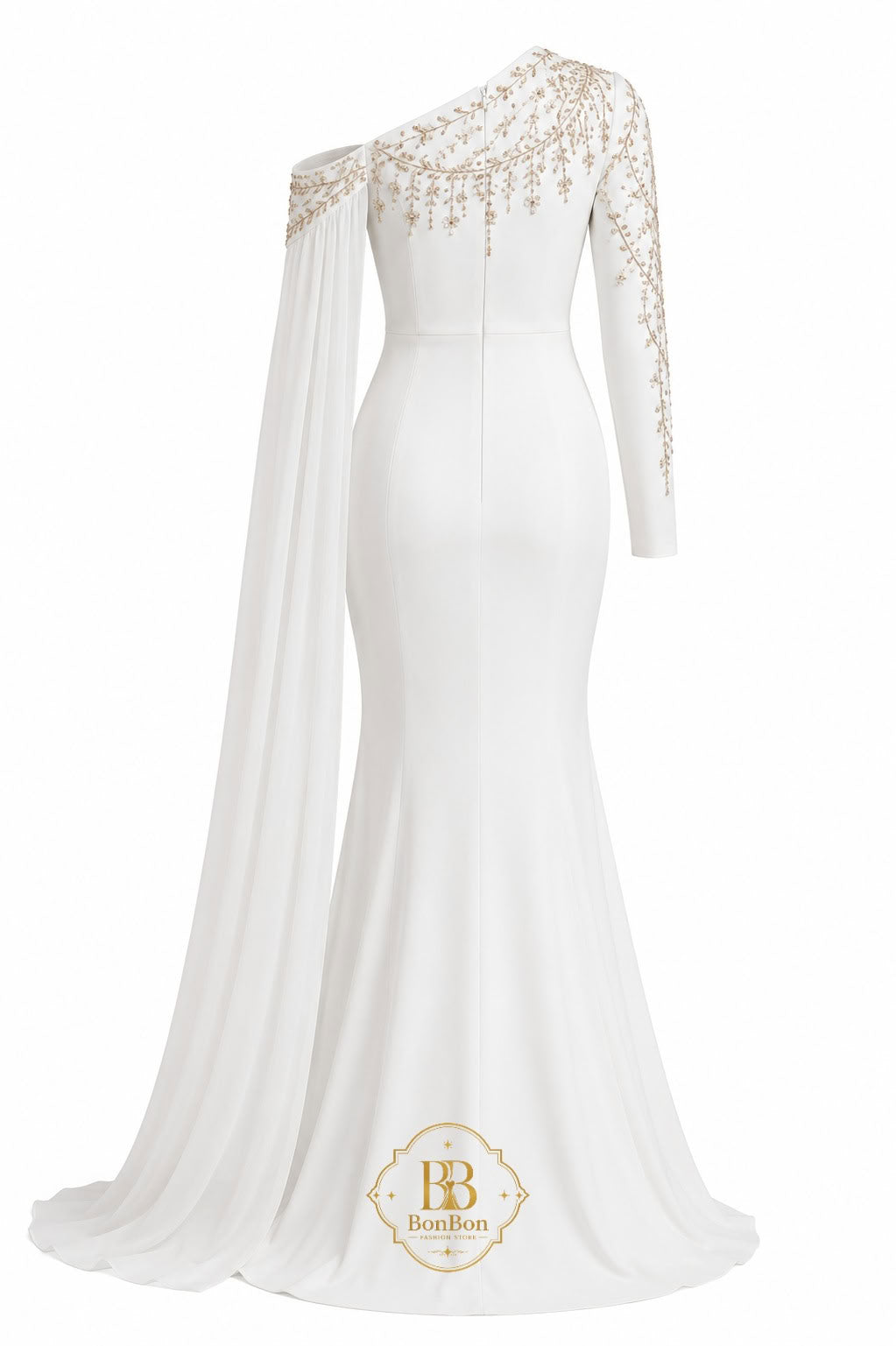 A white one-shoulder mermaid gown with gold beaded embellishments on the neckline and sleeve, featuring a long flowing train and a Bonillon logo at the bottom.