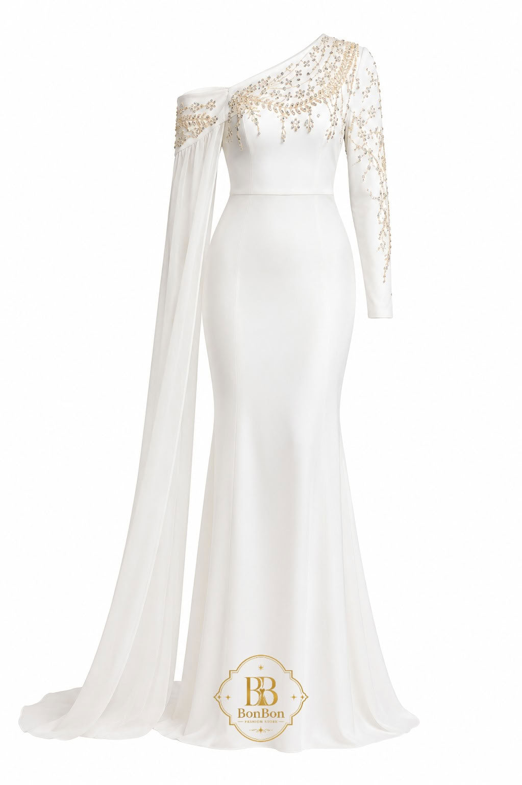 An elegant off-the-shoulder white gown with a long sheer draped sleeve, fitted silhouette, and intricate gold beaded embroidery on the bodice and upper sleeve. Features a floor-length train and a Bonbon logo watermark at the bottom.