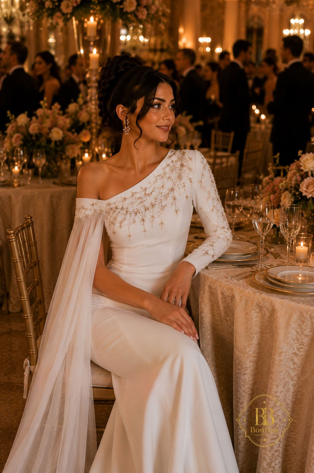 A woman seated at a decorated event table wearing a one-shoulder white gown with long sheer sleeves, intricate beaded embellishments across the bodice, and a flowing sheer overlay. The background shows a warmly lit banquet hall with tables, candles, and guests.