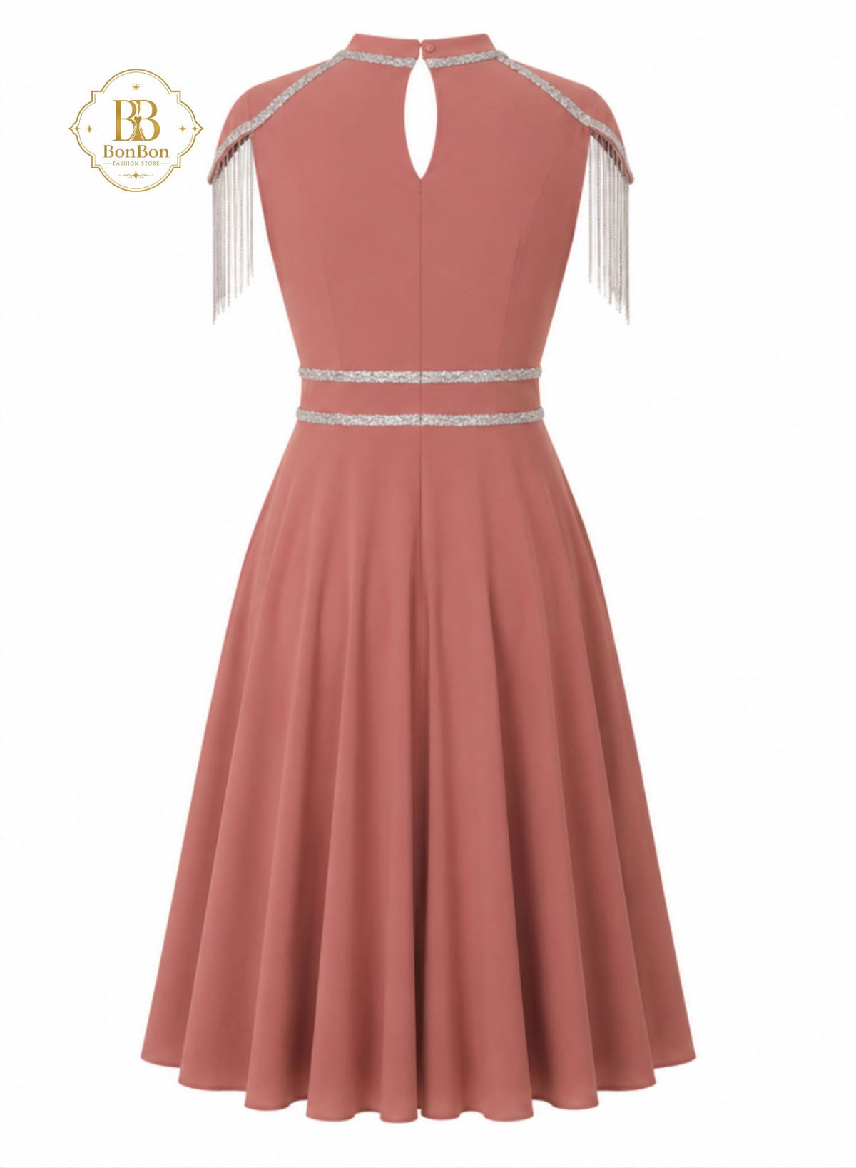 Dusty Rose Rhinestone Fringe Midi Dress