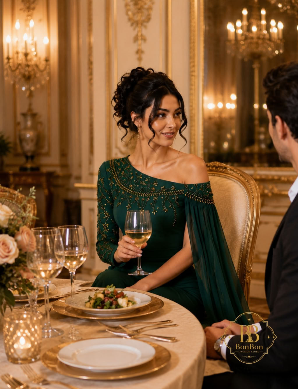 Emerald Green Embellished One Shoulder Gown