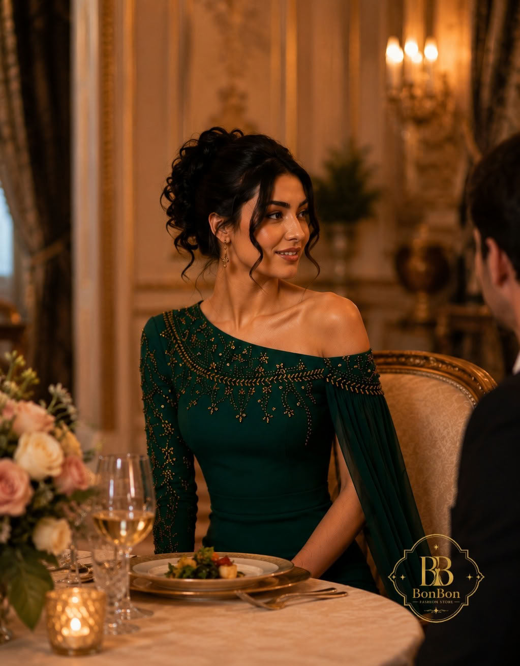 Emerald Green Embellished One Shoulder Gown