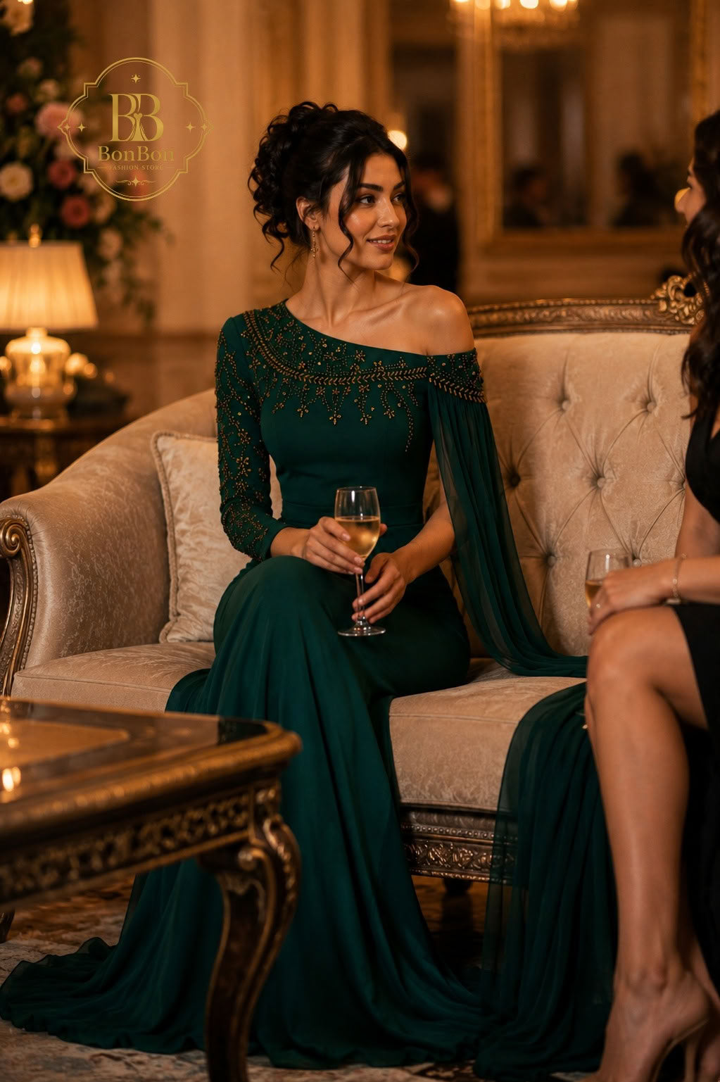 Emerald Green Embellished One Shoulder Gown