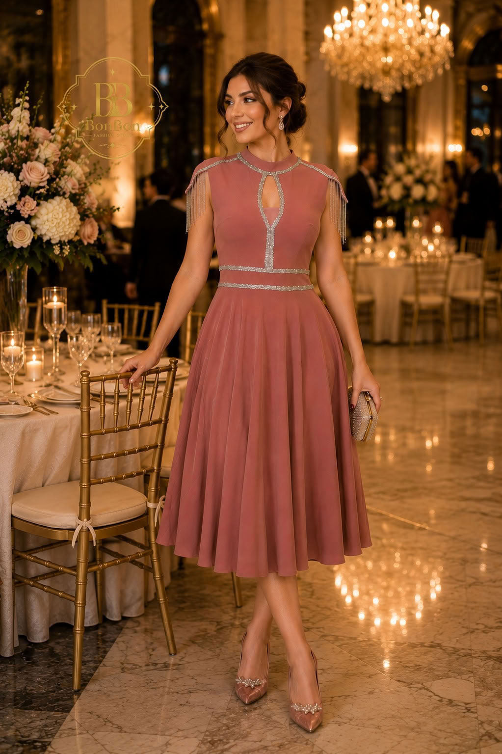 Dusty Rose Rhinestone Fringe Midi Dress