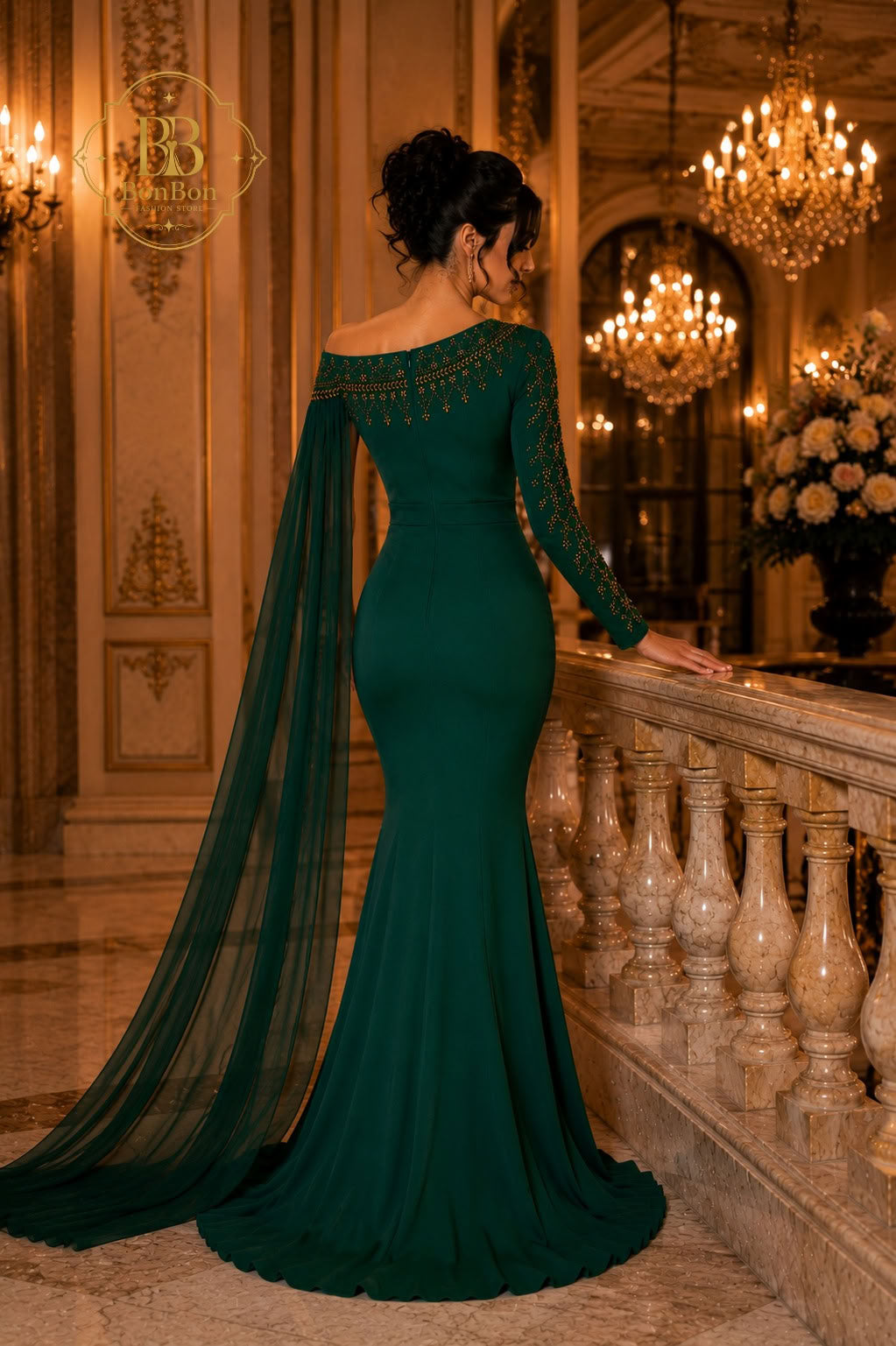 Emerald Green Embellished One Shoulder Gown