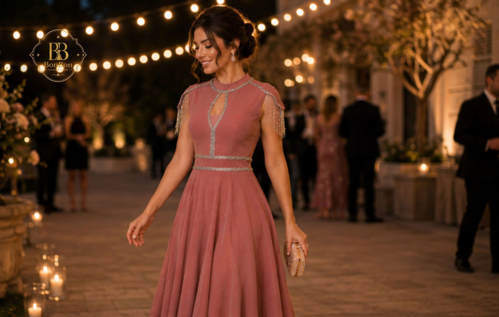 Dusty Rose Rhinestone Fringe Midi Dress