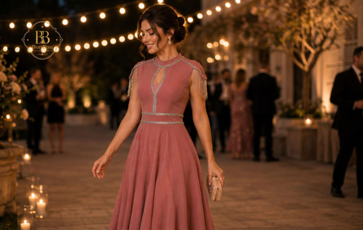 Dusty Rose Rhinestone Fringe Midi Dress