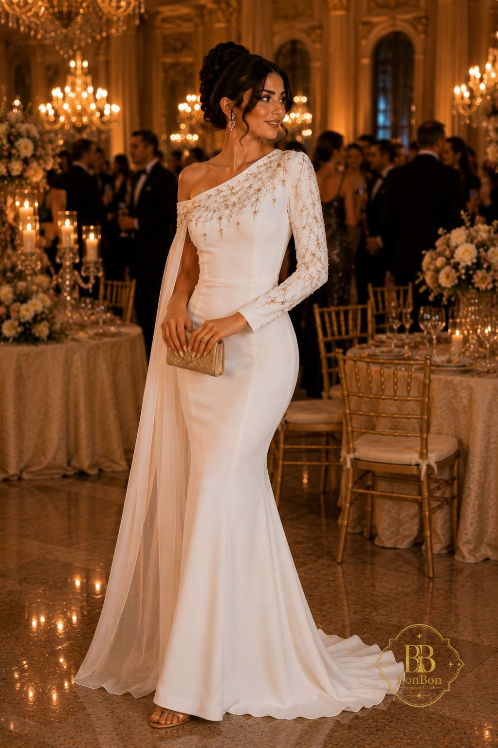 A woman wearing a one-shoulder white wedding gown with long lace sleeves and a sheer draped train, standing in a grand event hall with chandeliers, tables, and guests in the background.