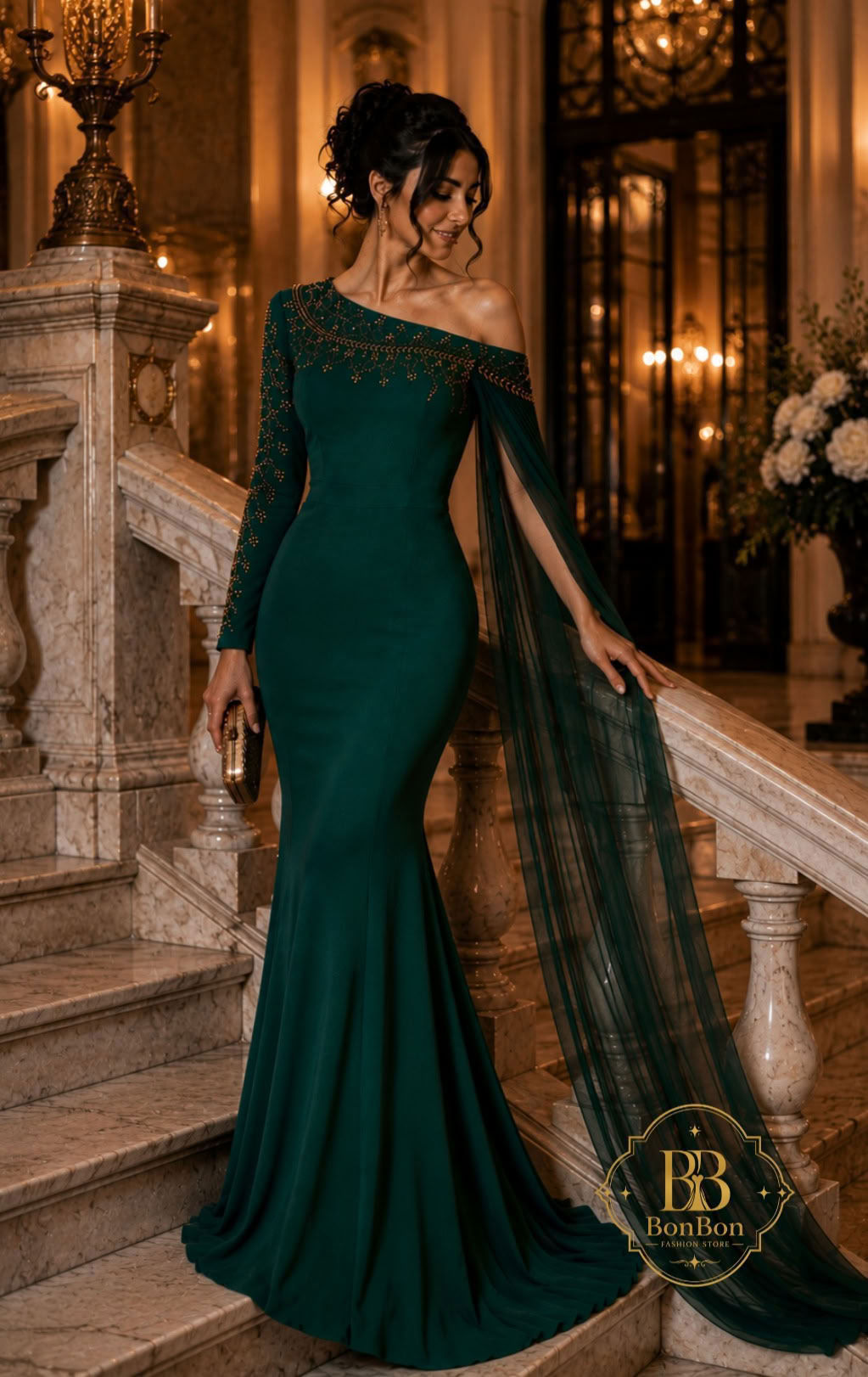 Emerald Green Embellished One Shoulder Gown