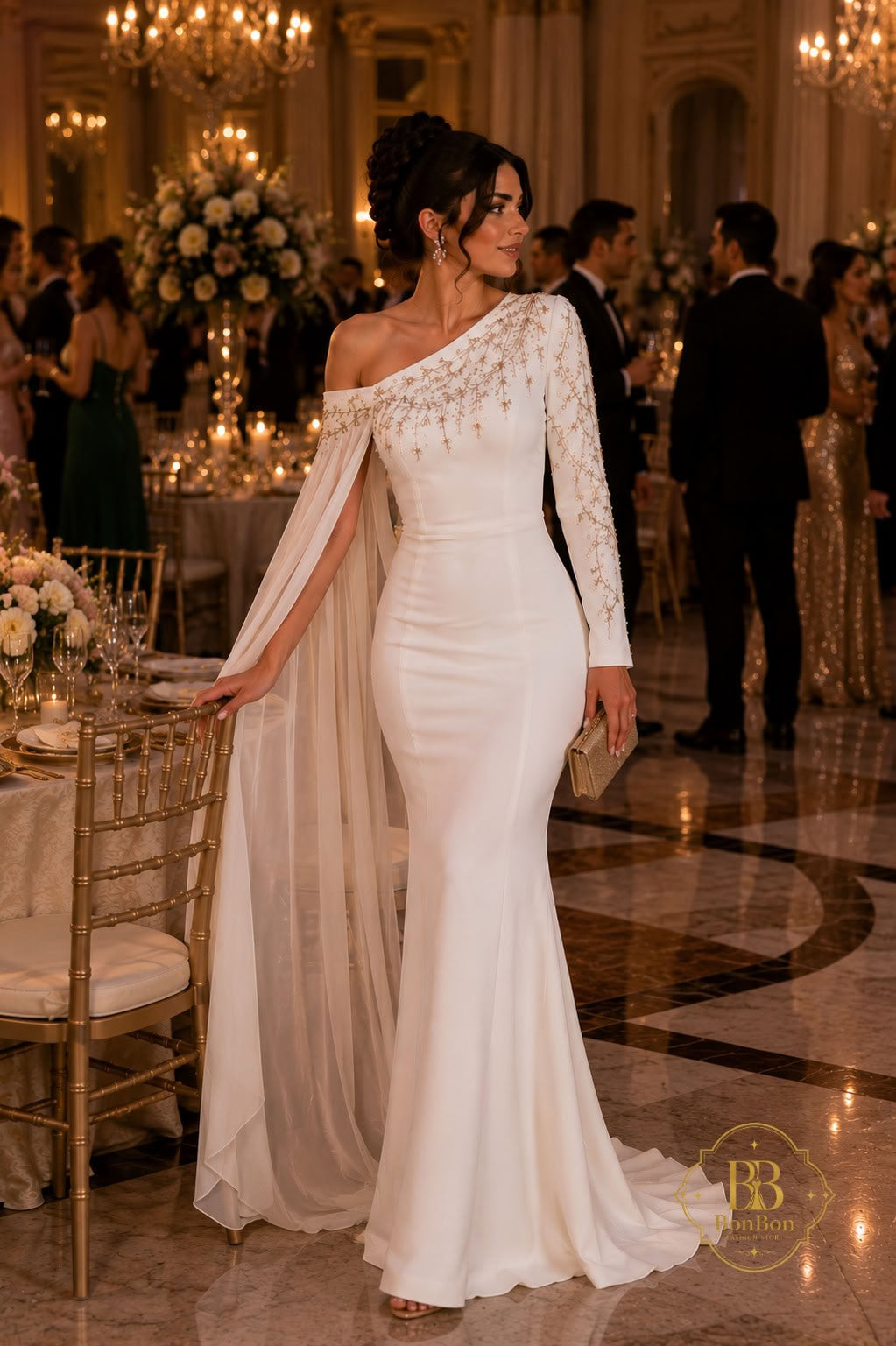 A woman wearing a fitted off-the-shoulder white wedding gown with a sheer draped cape and long embellished sleeves, standing in a grand ballroom with guests and chandeliers in the background.