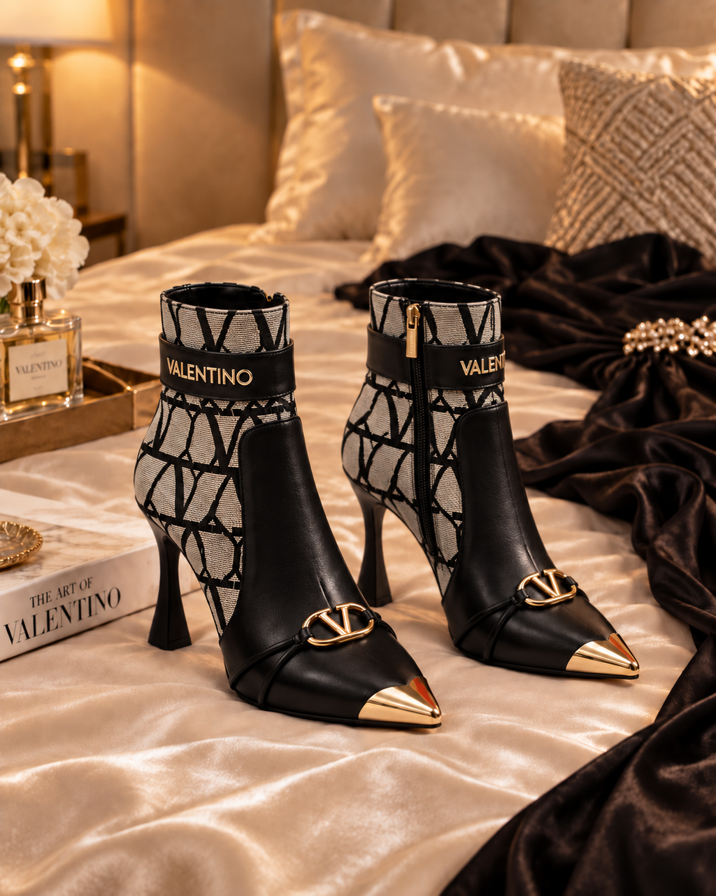 A pair of Valentino pointed-toe ankle boots with black leather, a gray geometric pattern, and gold-tone hardware, displayed on a bed with satin bedding and dark velvet fabric.