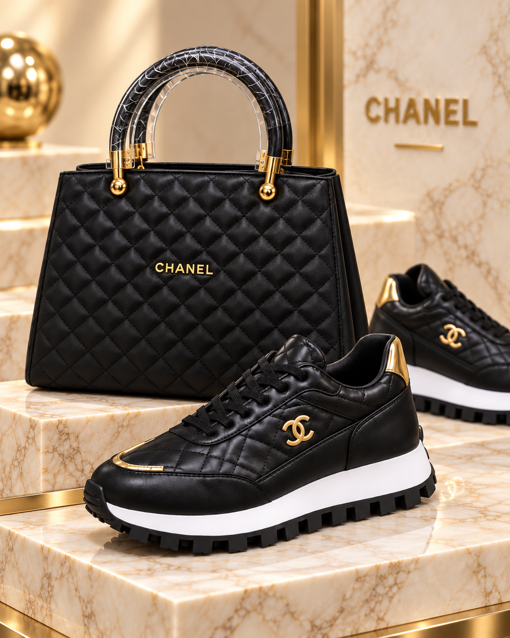 A luxury Chanel handbag and matching black leather sneakers displayed on a marble pedestal. The handbag features quilted black leather, gold-tone hardware, and a top handle.