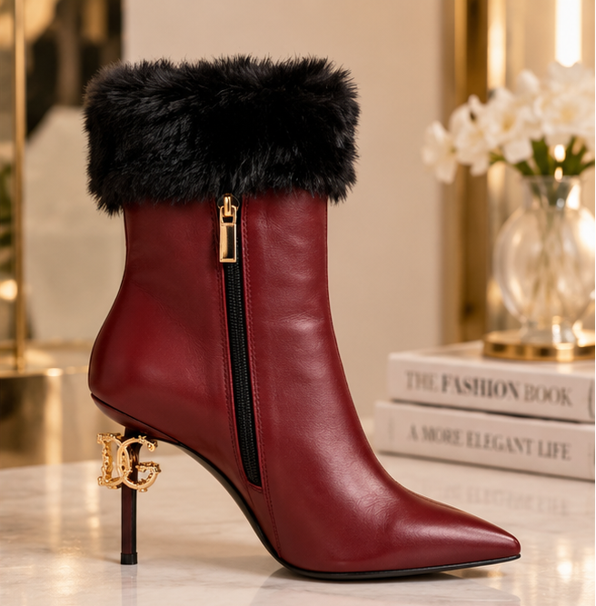 Burgundy Fur Cuff Stiletto Ankle Boots