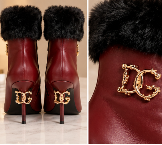 Burgundy Fur Cuff Stiletto Ankle Boots