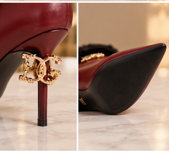 Burgundy Fur Cuff Stiletto Ankle Boots