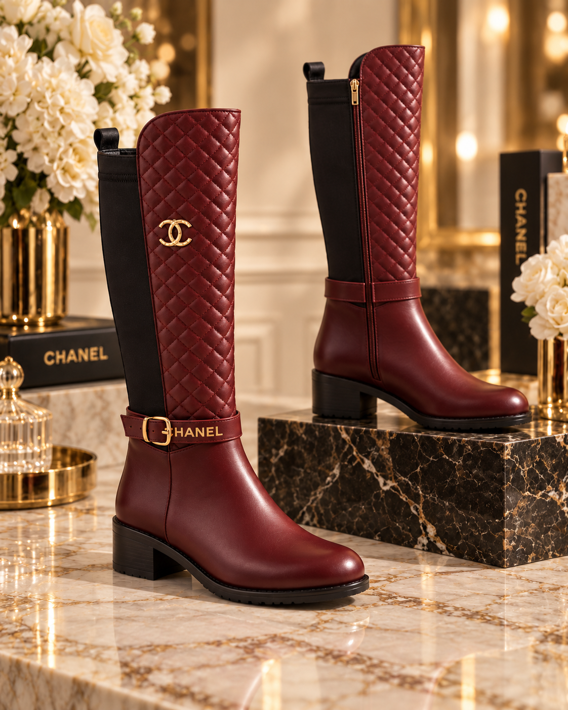 A pair of Chanel knee-high boots in deep burgundy leather with black quilted shafts and gold-tone hardware, displayed on a marble surface with Chanel boxes and flowers in a luxury interior.