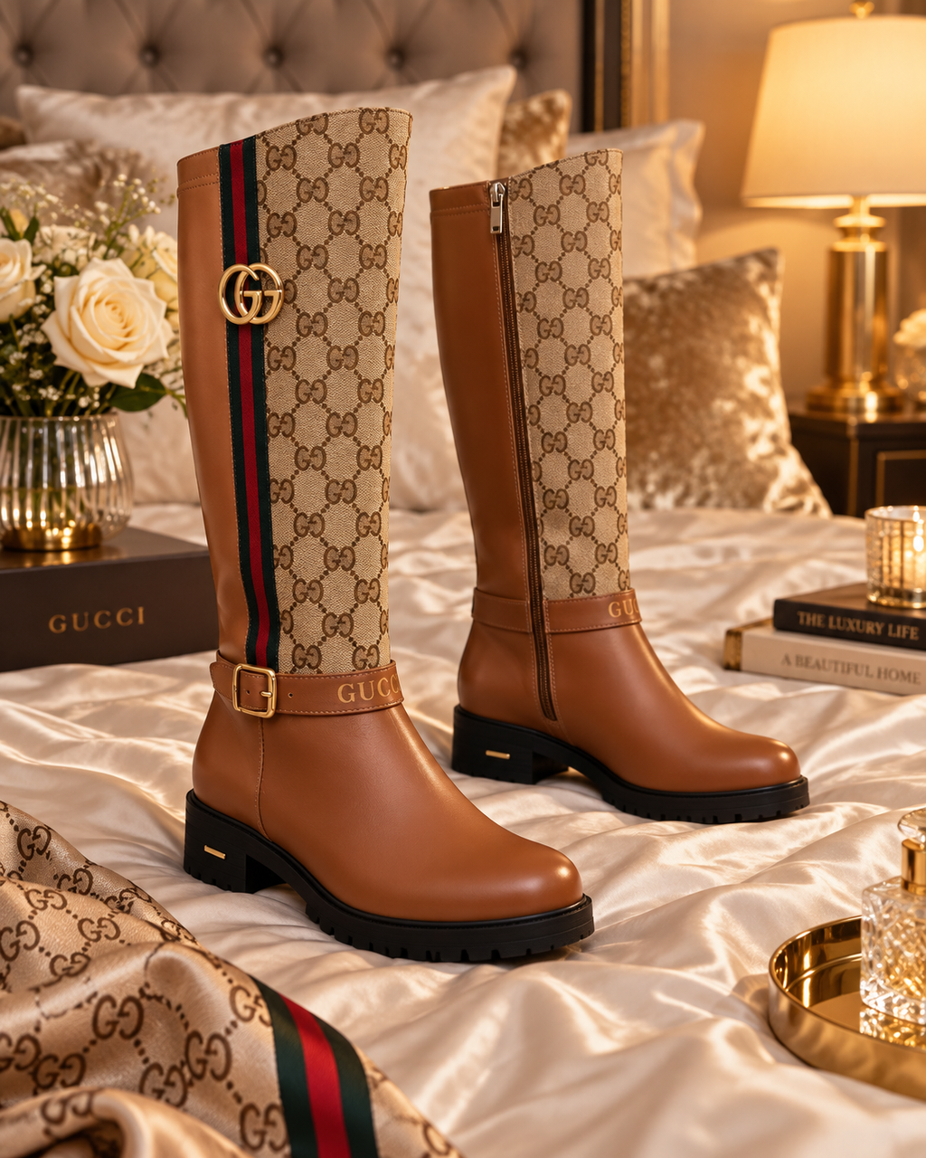 A pair of Gucci knee-high boots with brown leather and beige GG monogram panels, displayed on a bed with luxury bedroom props including a Gucci box, flowers, and a lamp.