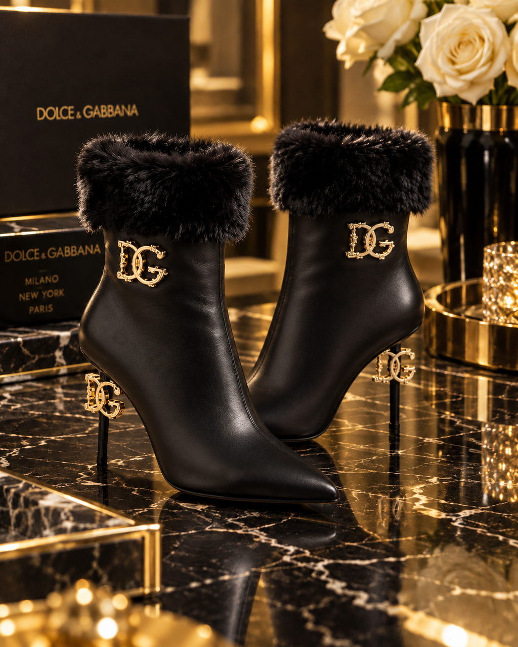 A pair of Dolce & Gabbana black leather ankle boots with fluffy black faux-fur trim at the top and gold-tone interlocking DG logos on the sides and heels, displayed on a black marble surface with Dolce & Gabbana packaging in the background.