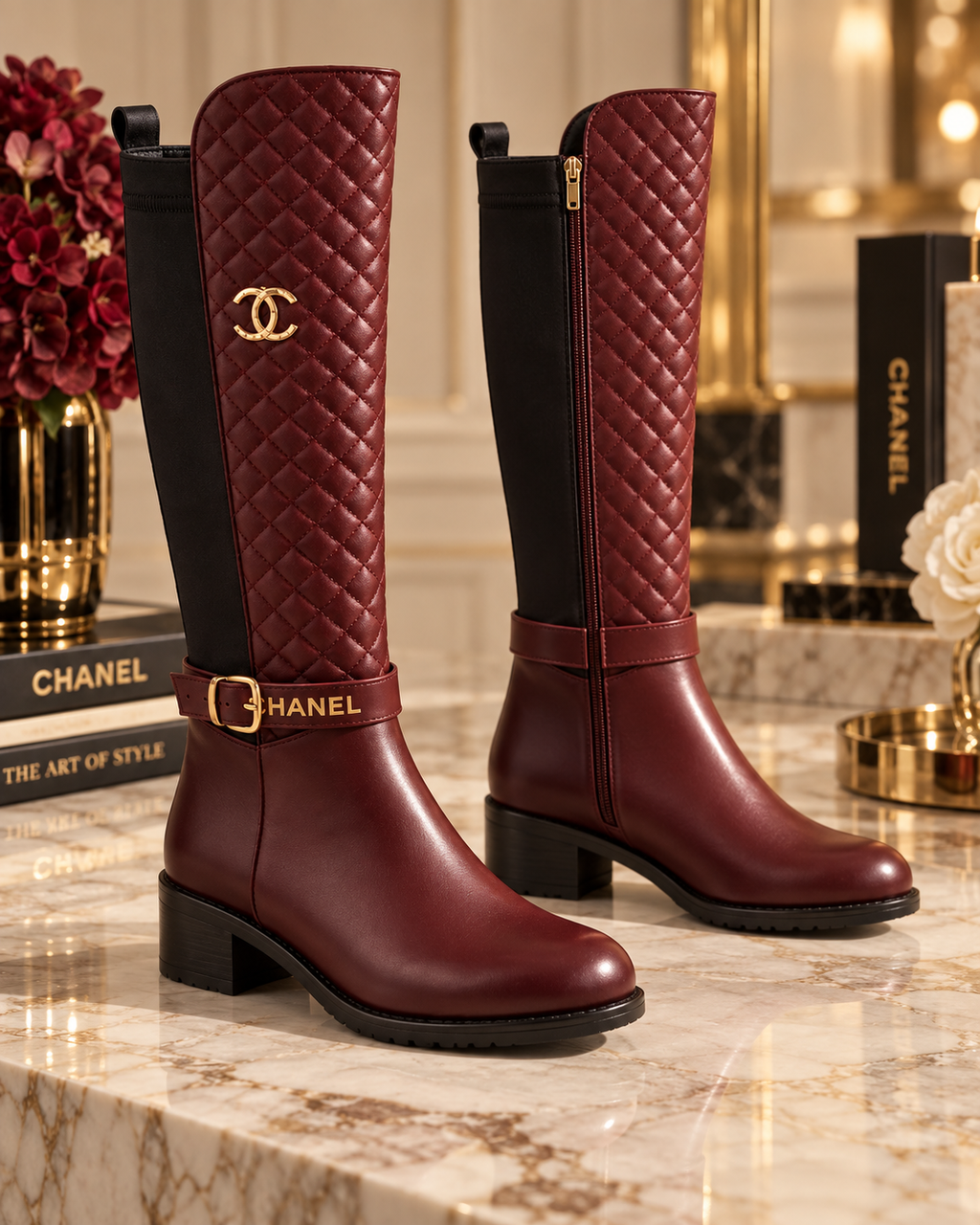 A pair of Chanel knee-high boots in burgundy and black, featuring quilted leather panels, a gold-tone interlocking CC logo, and a matching ankle strap with a gold buckle, displayed on a marble surface with Chanel-branded books in a luxury interior.