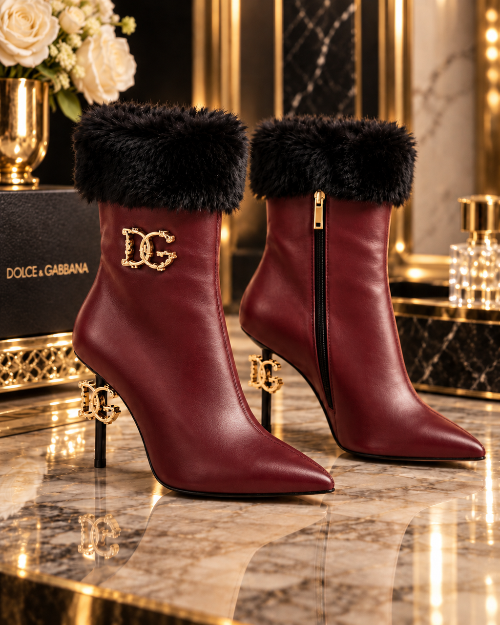Burgundy Fur Cuff Stiletto Ankle Boots