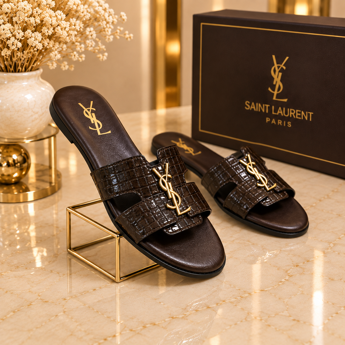 Saint Laurent Croc Embossed Slide Sandals