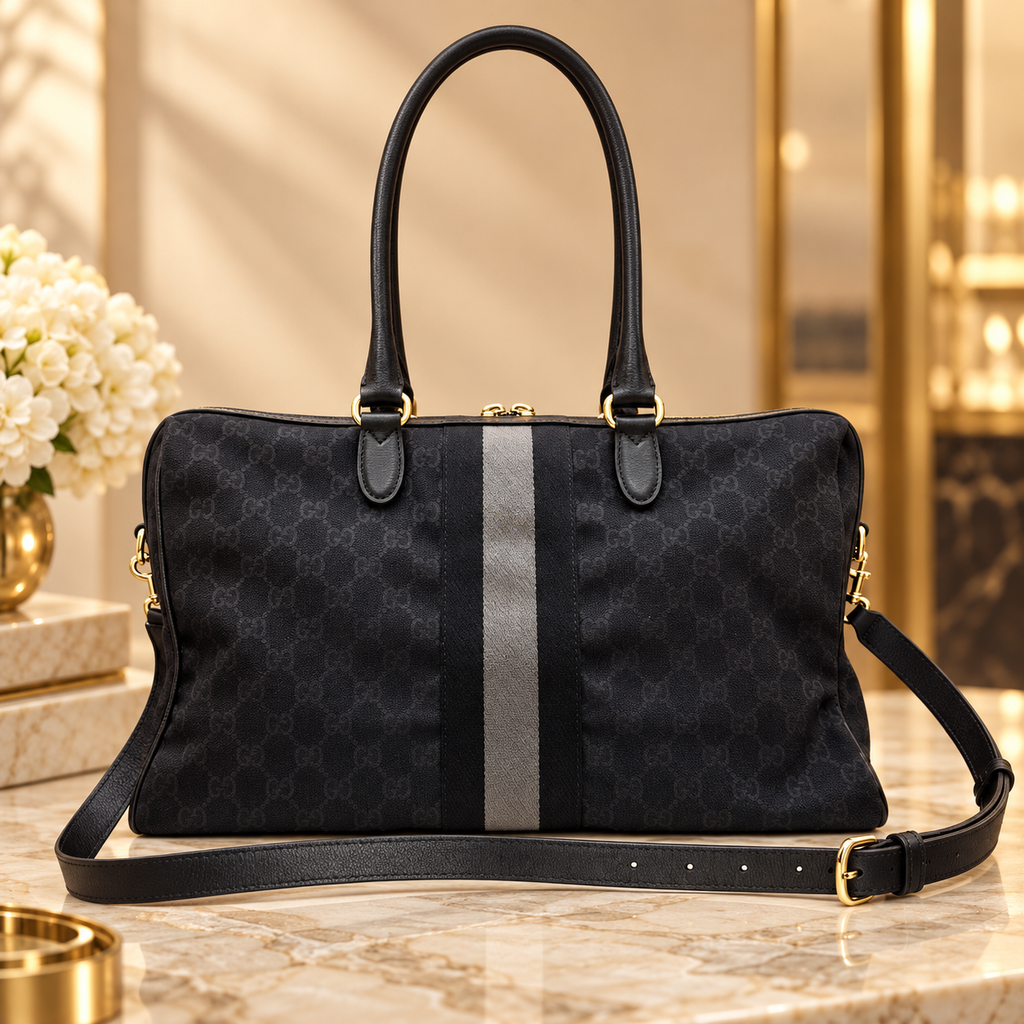 A black Gucci tote bag with a dark monogram pattern, a central gray stripe, and gold-tone hardware, displayed on a marble surface with a blurred luxury interior background.