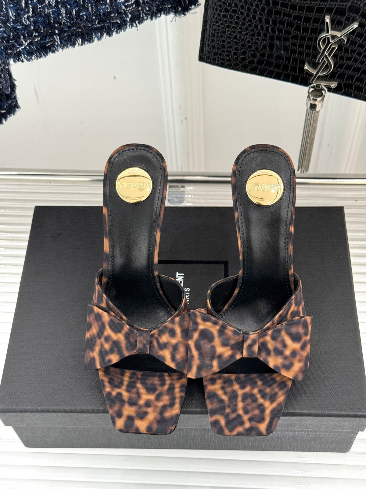 Leopard Bow High Heel Slide Sandals