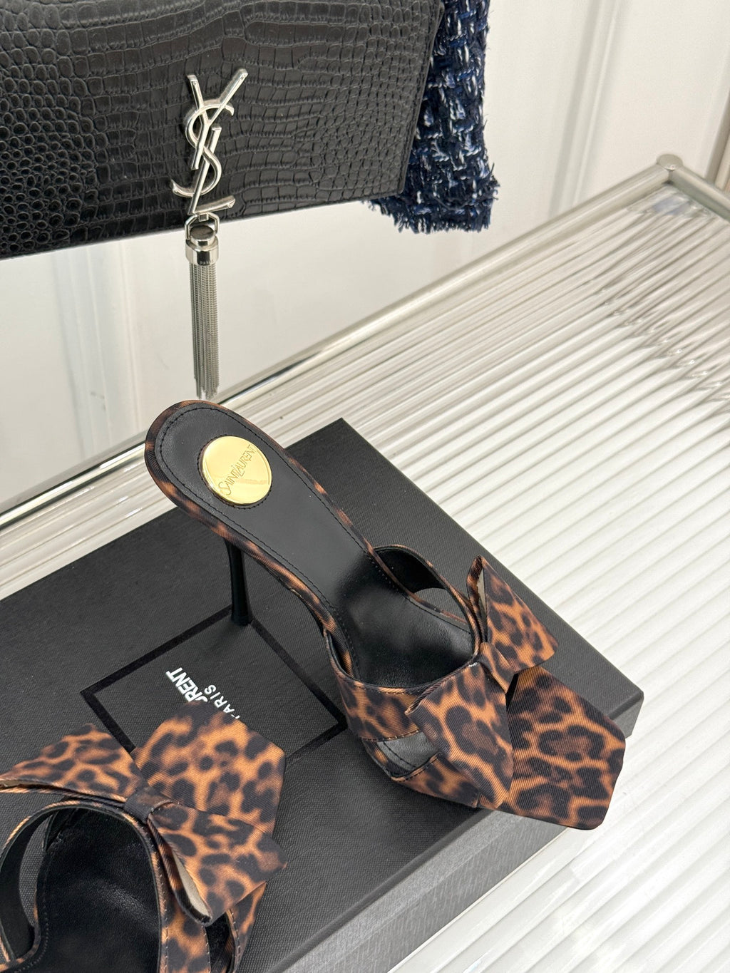 Leopard Bow High Heel Slide Sandals