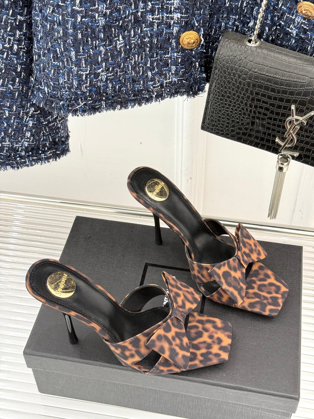 Leopard Bow High Heel Slide Sandals
