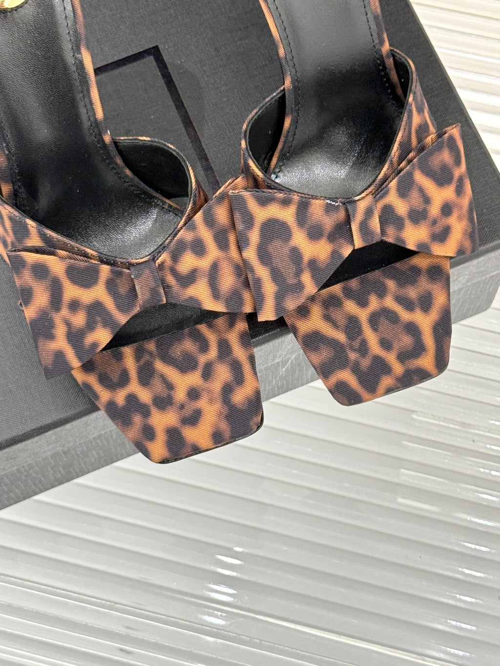 Leopard Bow High Heel Slide Sandals